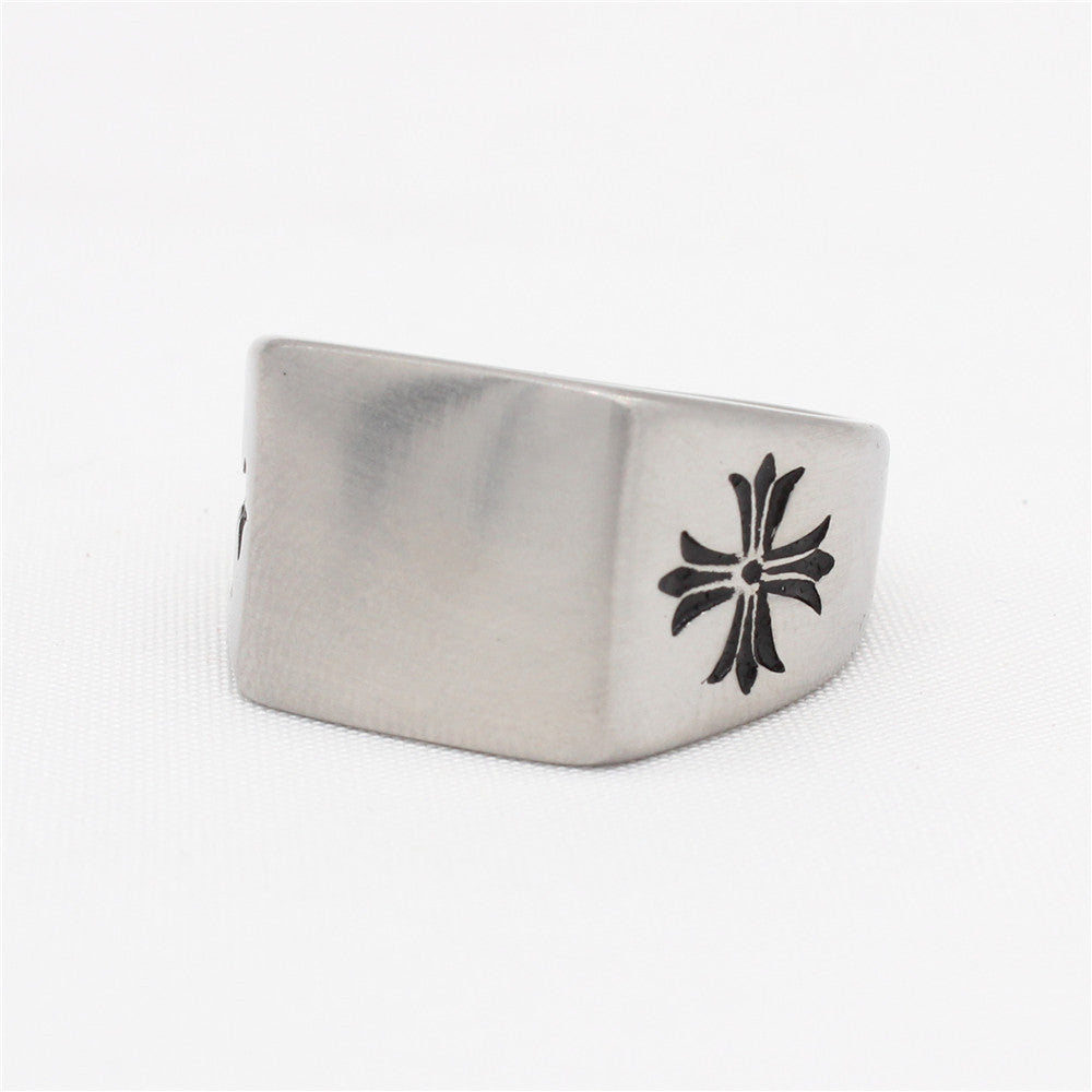 Cross Flower Brushed Titanium Steel Ring for Men