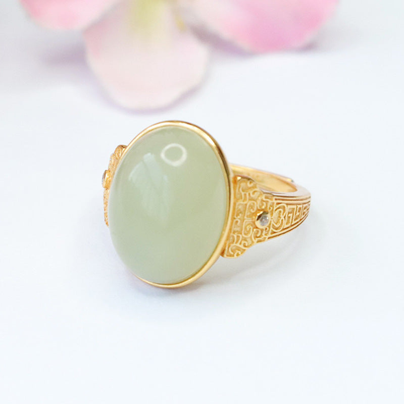 S925 Sterling Silver Adjustable Ring with Natural Hotan Jade Cloudscape Pattern