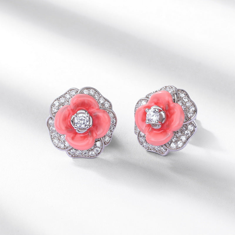 Zircon Red Camellia Flower Sterling Silver Stud Earrings