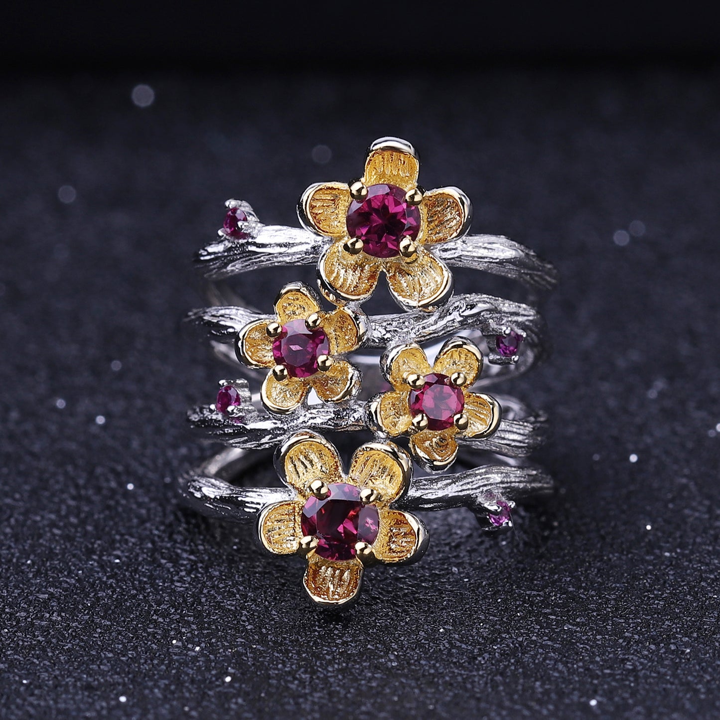 Four Layers Split Shank Golden Flowers Natural Gemstones Silver Ring