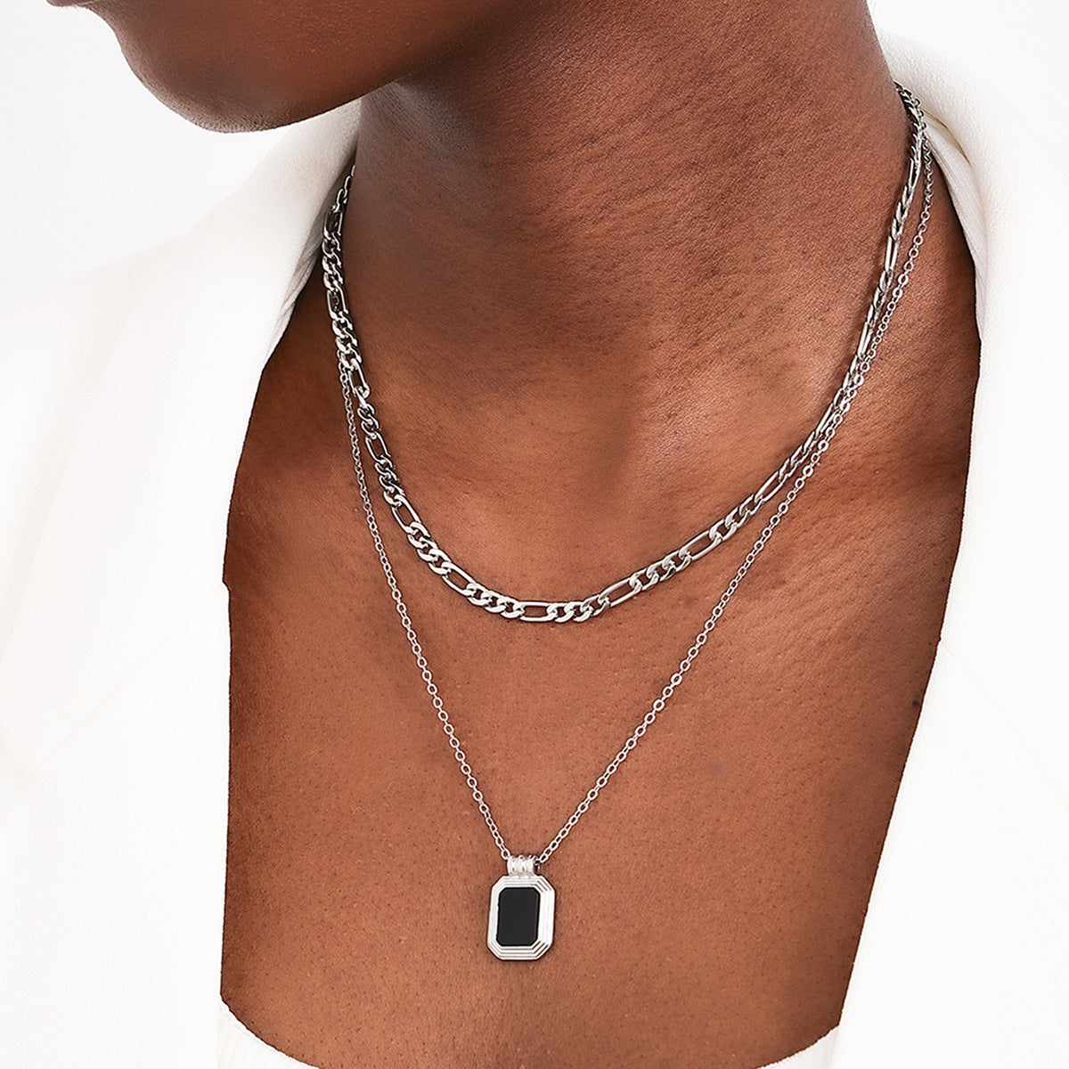 Chic Black Square Chain Necklace with Double-Layer Design