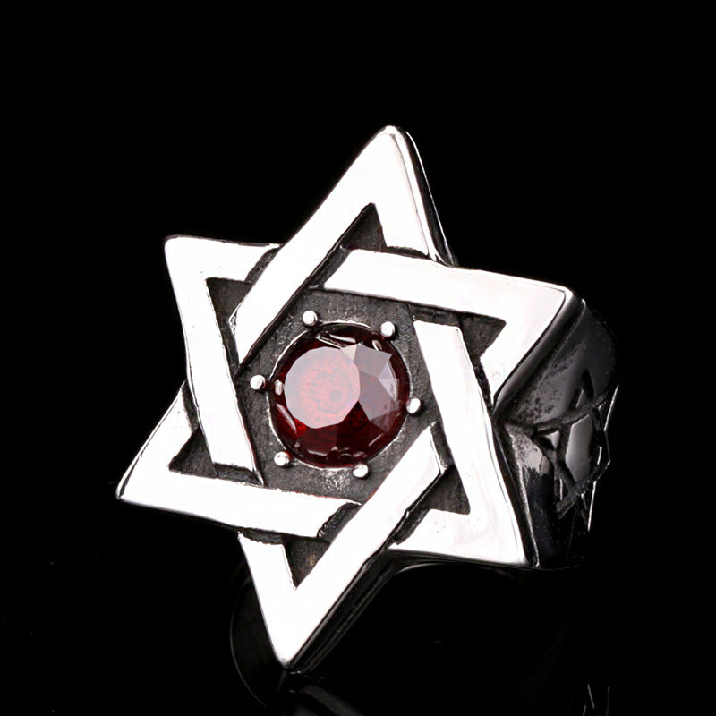 Men's Hexagram Ring in Titanium Steel with Zircon Inlay - Retro European and American Style Jewelry