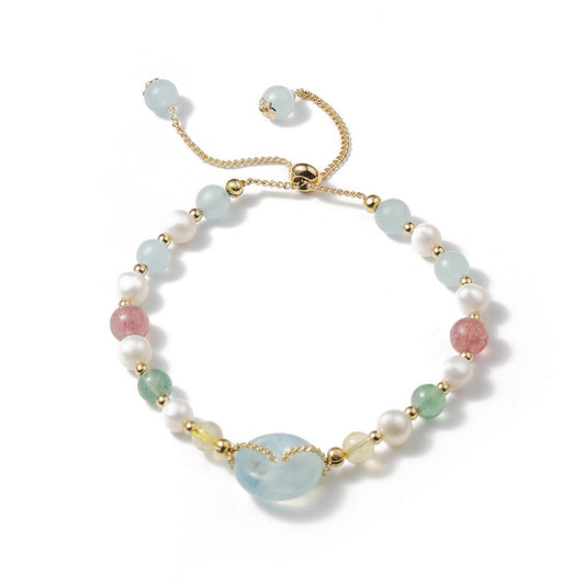 Korean Style Aquamarine Crystal and Freshwater Pearl Bracelet with Sterling Silver Clasp