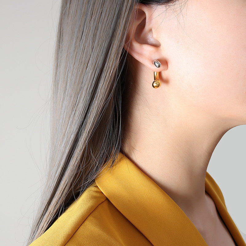 Chic Titanium Steel C-Shaped Earrings with Unique Two-Tone Stitching