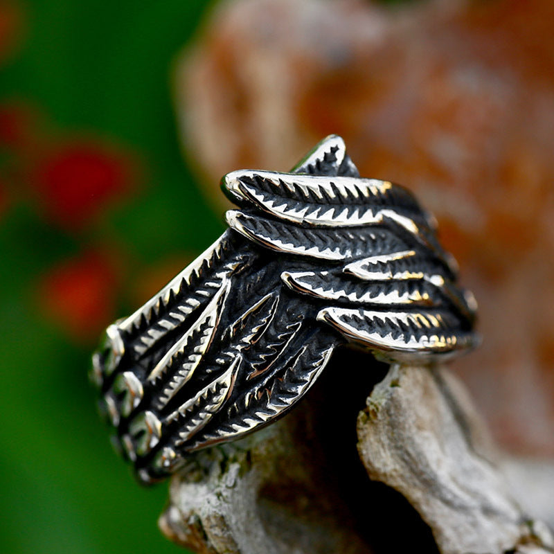 Titanium Steel Feather Design Angel Wings Ring for Men - Retro Wholesale Fashion