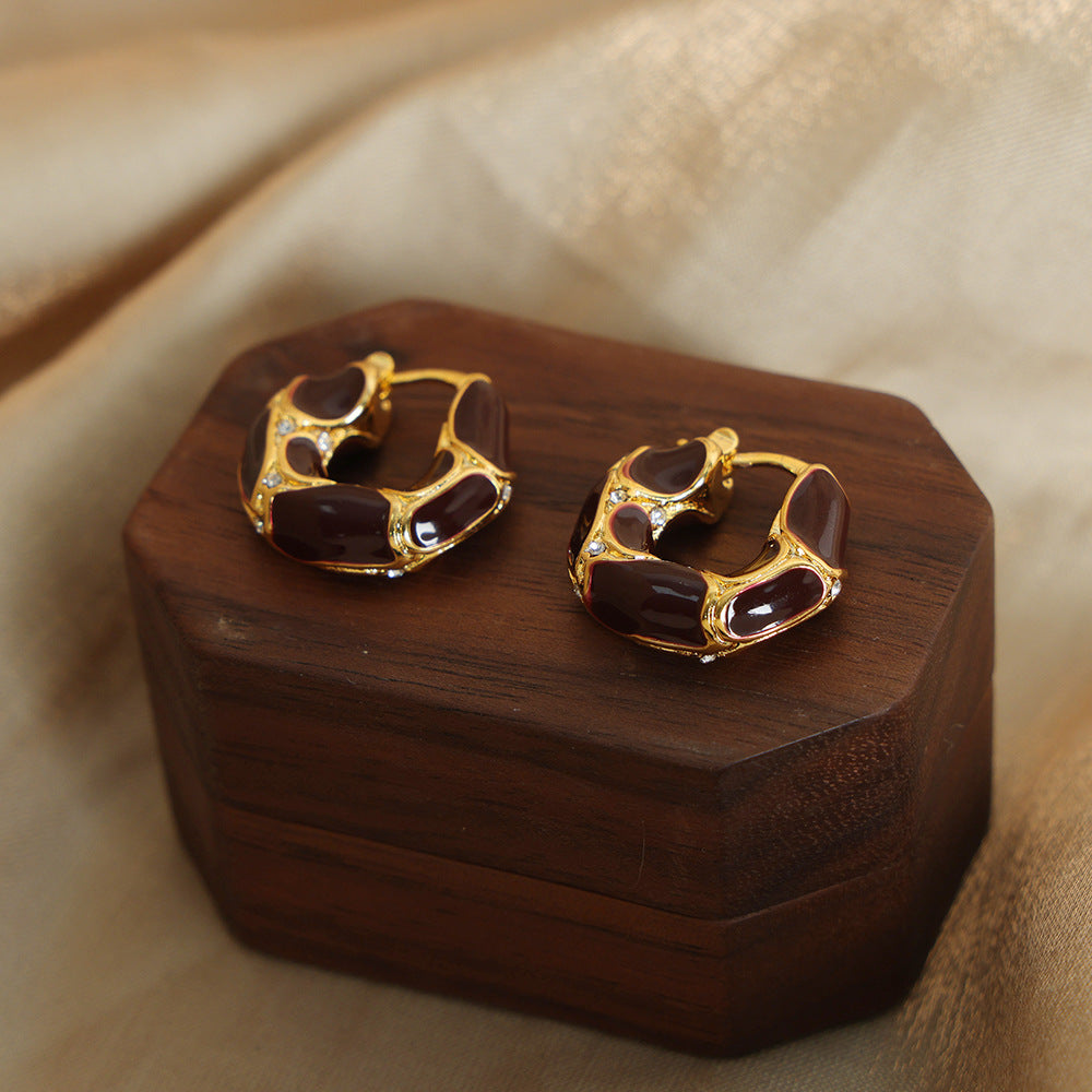 Geometric U-Shaped Copper Earrings with Zircons and Enamel Glaze