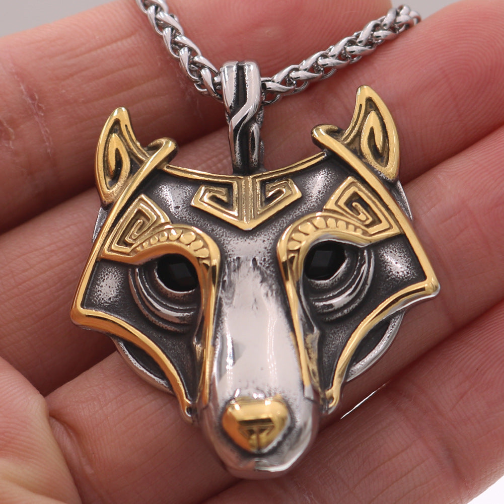 Viking Odin Wolf Head Titanium Steel Pendant Necklace for Men