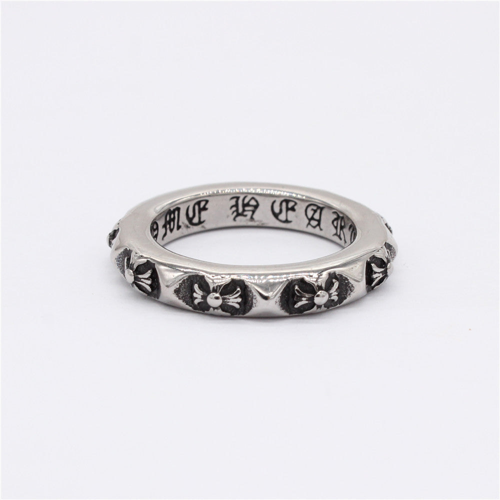 Row of Cross Flower Relief Titanium Steel Ring for Men