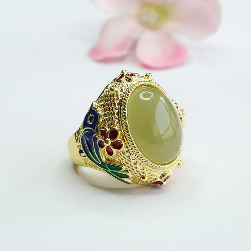 Colourful Flower Bird Pattern Ring with Authentic Hetian Jade and Sterling Silver