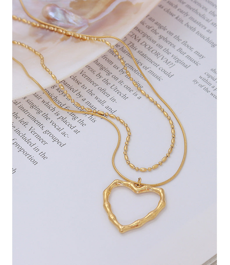 French Charm 18k Gold Double Heart Pendant Necklace