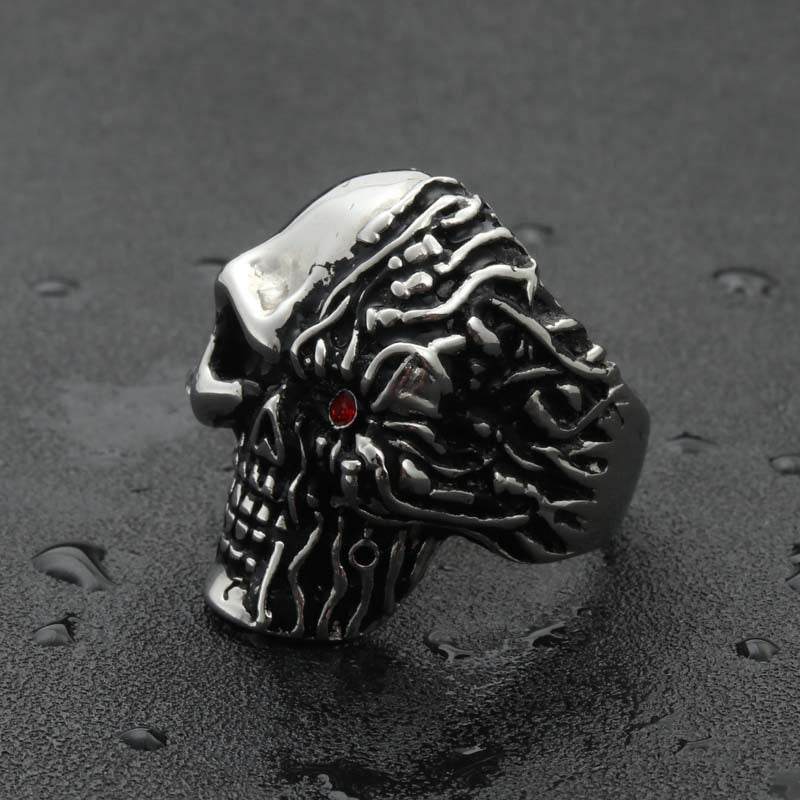 Titanium Steel Skull Ring with Zircon Eye – Retro Punk Jewelry for Men