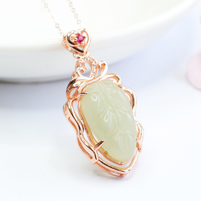 White Lace Leaf Necklace with Sterling Silver and Natural Hetian Jade Gem