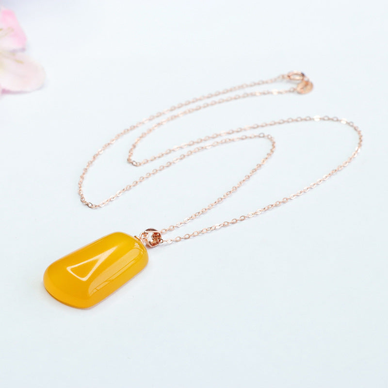 Sterling Silver Necklace with Yellow Chalcedony Trapezoid Pendant in Rose Gold