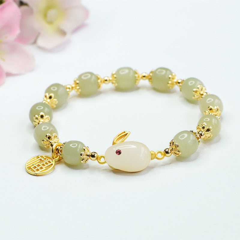 Fortune's Favor Sterling Silver Rabbit Fu Jade Bracelet