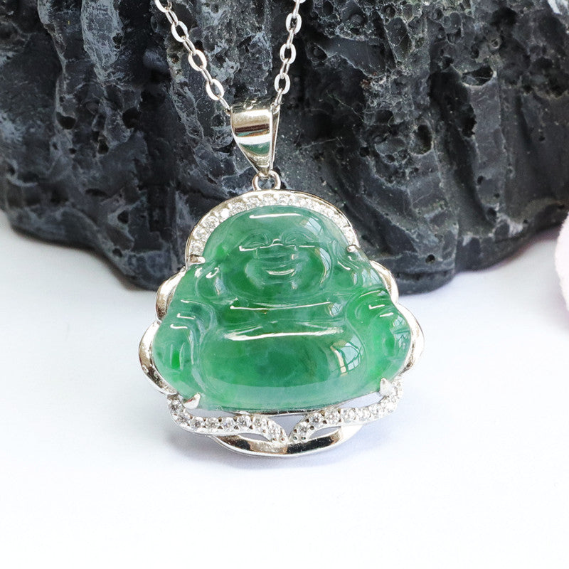 S925 Sterling Silver Jadeite Maitreya Buddha Necklace in Ice Green