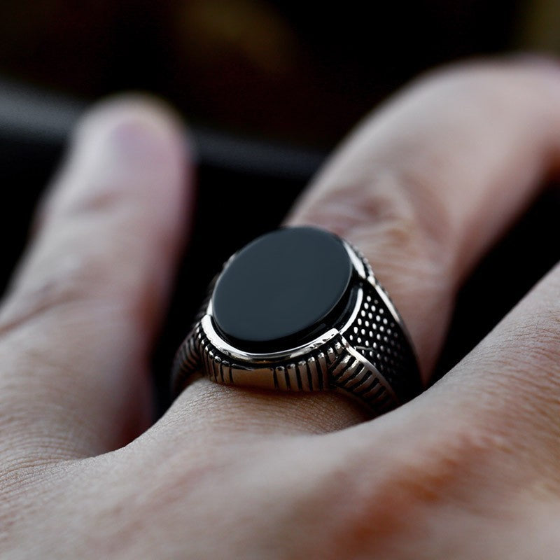 Stainless Steel Black Agate Men's Ring - Retro Titanium Steel Fashion Band for Everyday Wear, Sizes 7-13