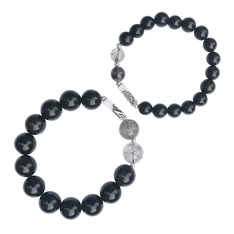 Obsidian Crystal Couple Bracelet Set with Magnetic Sea Vows Mountain Alliance Black Hair Crystal Hand Ornament