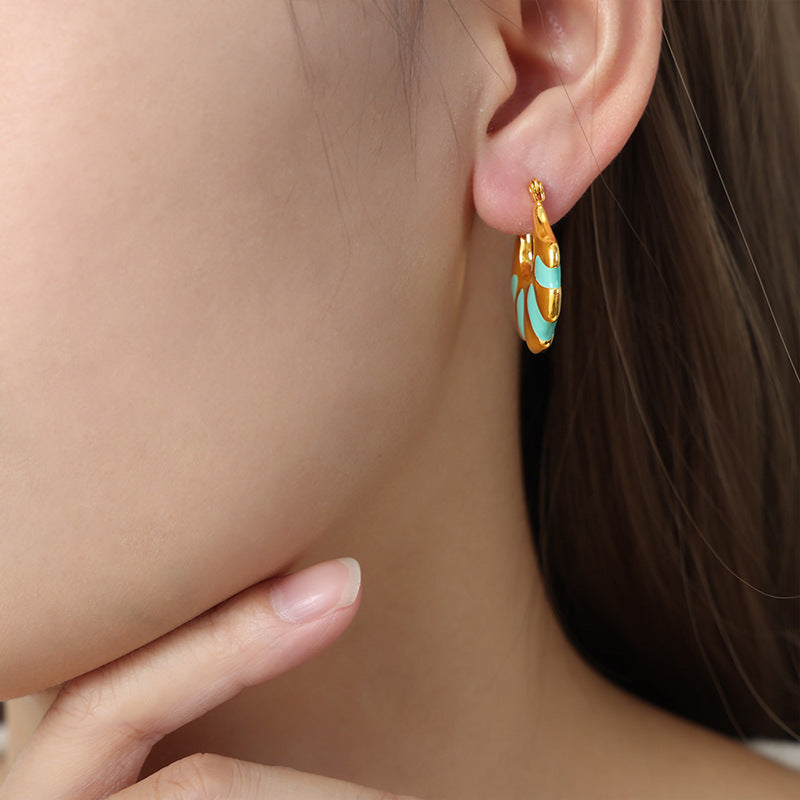 Golden Fan-shaped Enamel Earrings - Exquisite High-End Design for Stylish Women