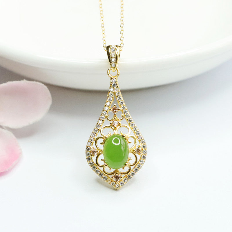 Water Drop Hollowed Jade Jasper Necklace with Zircon Pendant