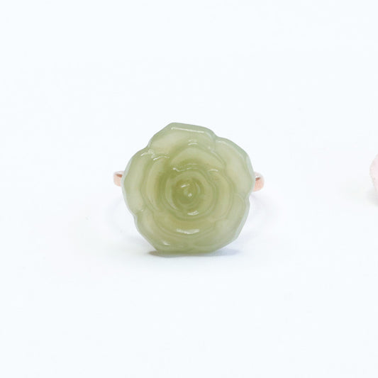 Sterling Silver Hetian Jade Rose Ring in Adjustable Design