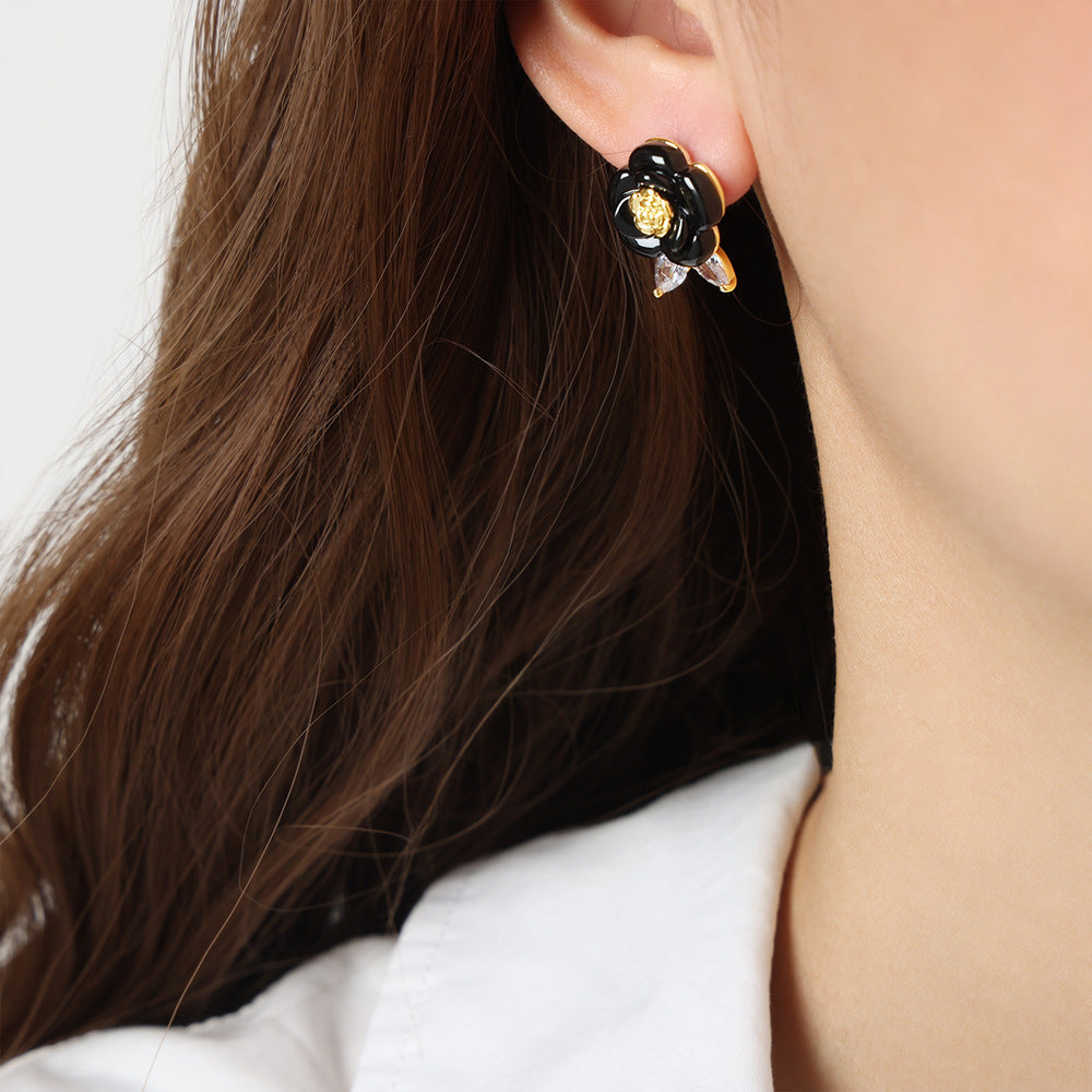 Copper and Zircon Enamel Rose Earrings for Women