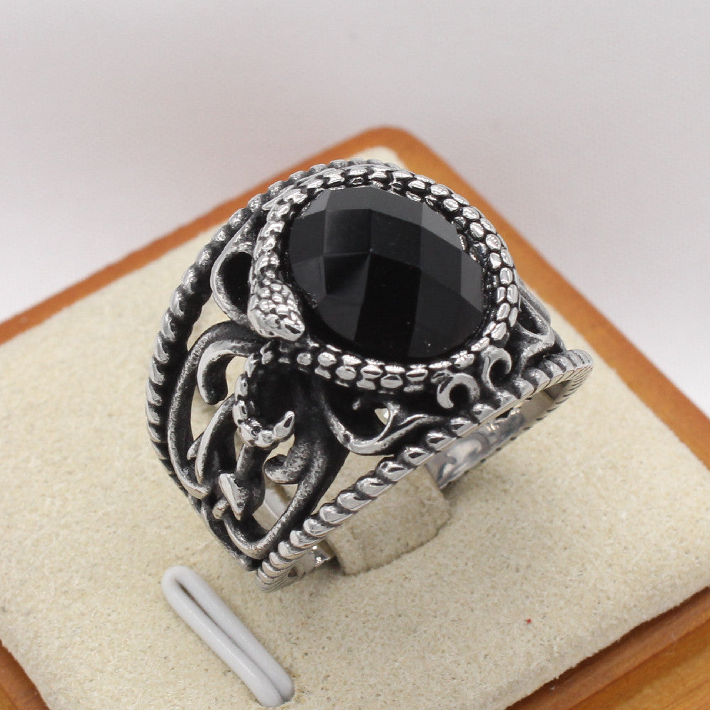 Stylish Men's Titanium Steel Ring with Retro Hollow Stone Design for European and American Markets