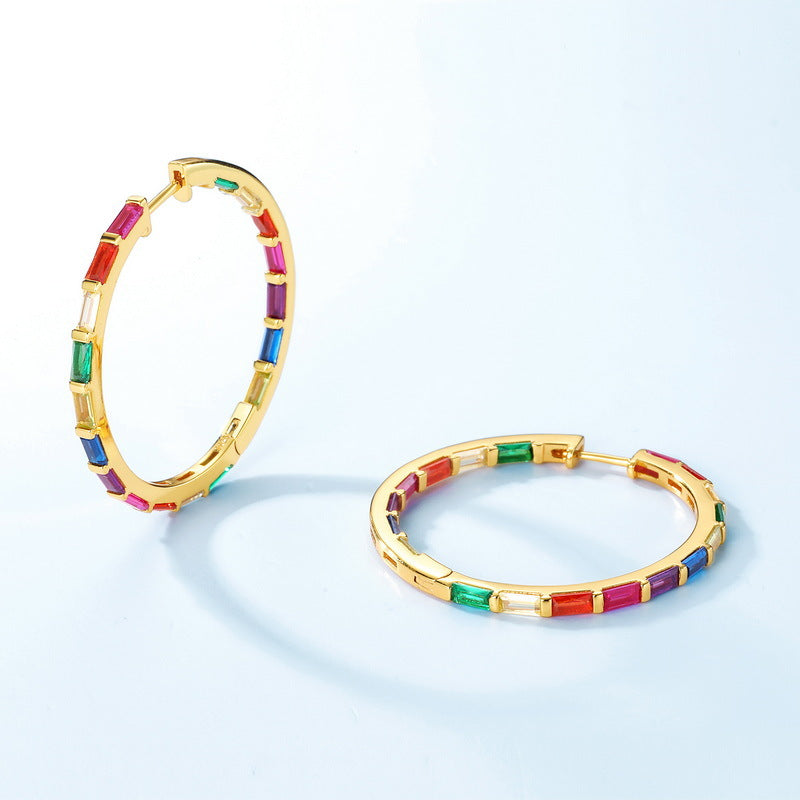 Rectangle Rainbow Zircon Silver Hoop Earrings