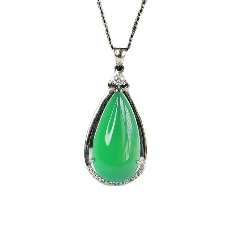 Sterling Silver Necklace with Green Chalcedony Droplet Pendant