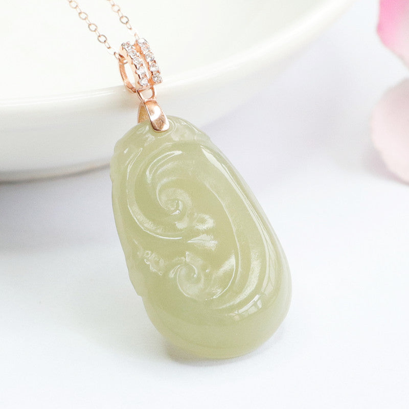 Ruyi Jade Zircon Rose Gold Necklace with Hotan Jade Gemstone