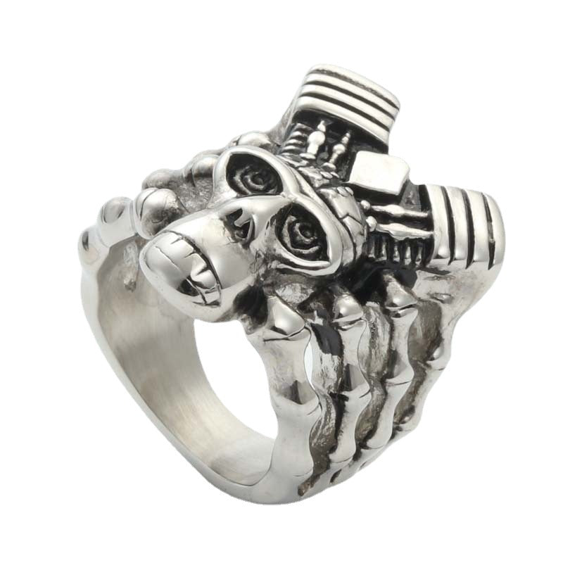 Punk-Inspired Titanium Steel Skull Ring for Men - Vintage Tribal Skeleton Design