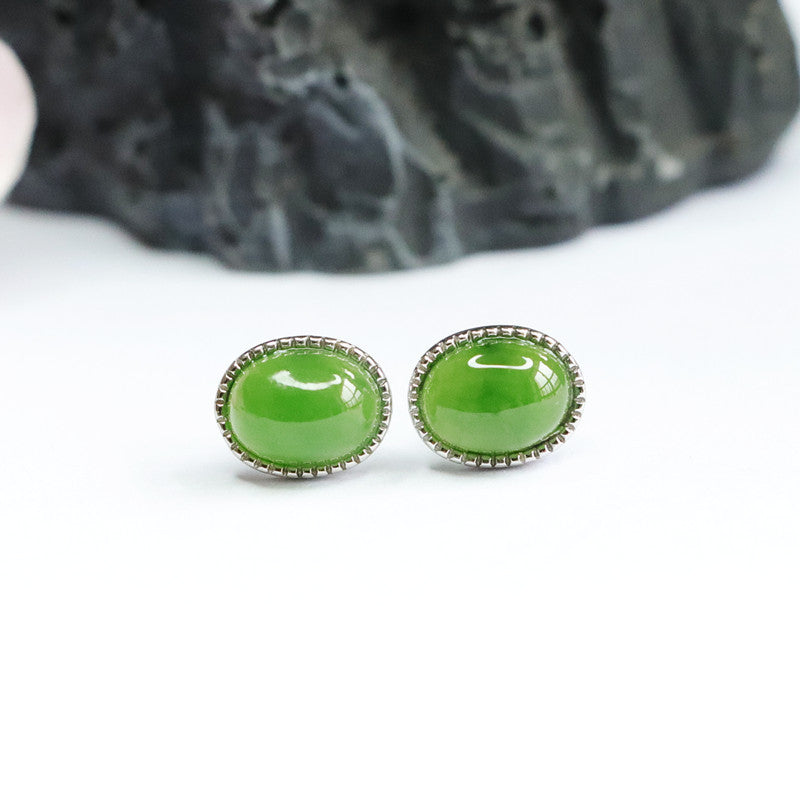 S925 Sterling Silver Hetian Jade Oval Earrings with Jasper Ear Studs