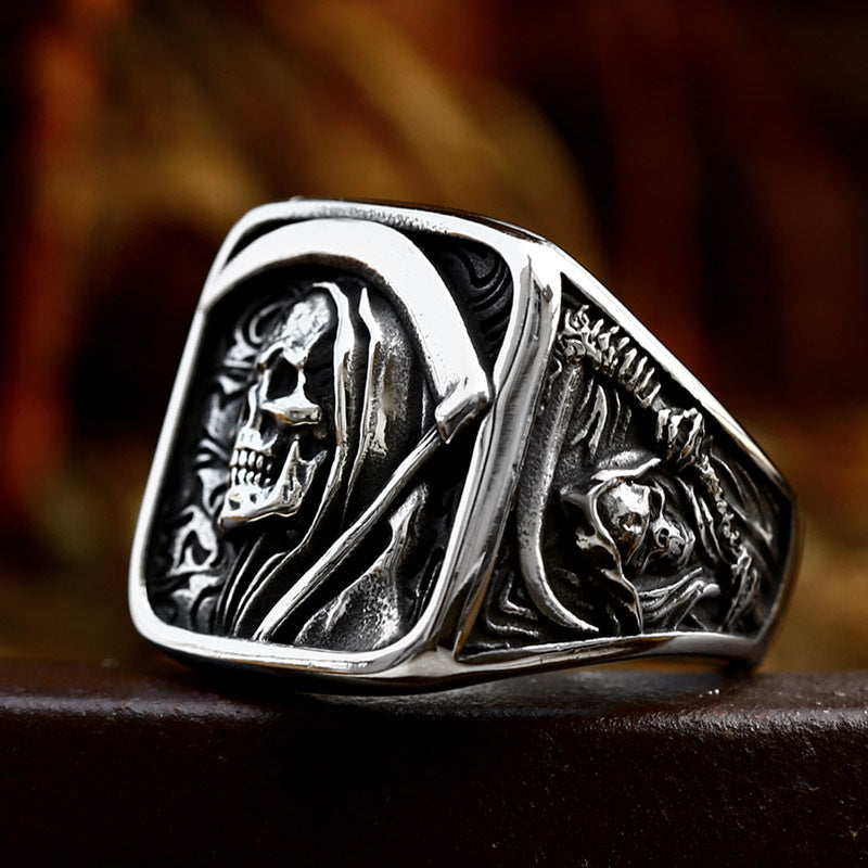 Titanium Steel Punk Hip-Hop Men's Ring with Grim Reaper Skull Design