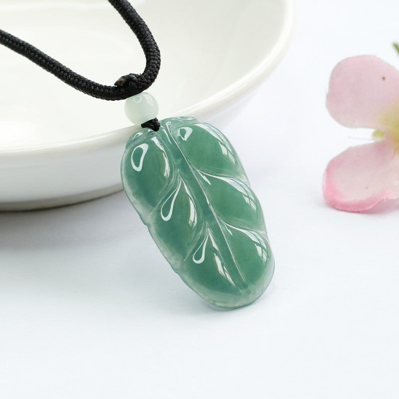 Jade Leaf Pendant in Blue Green with Sterling Silver Needle