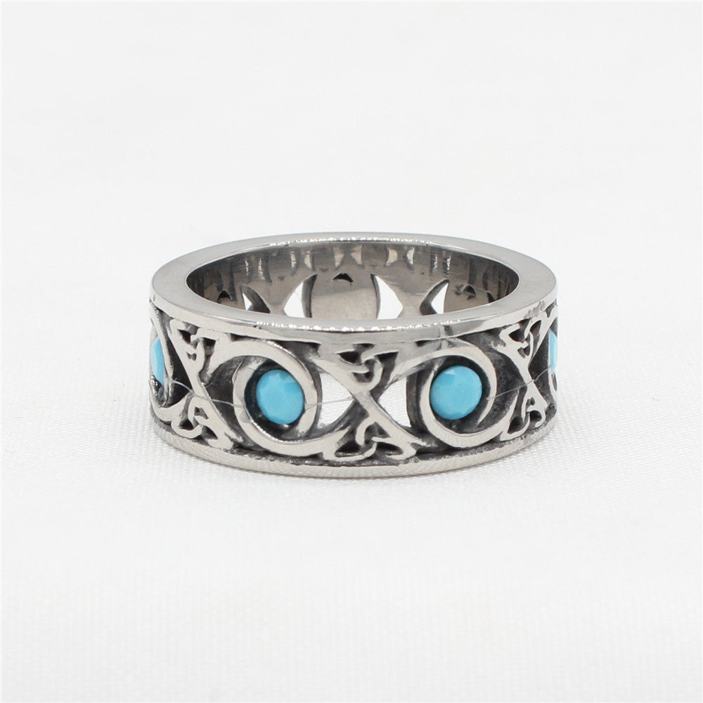 Stylish Blue Turquoise Titanium Steel Ring for Men - European and American Fashion Design