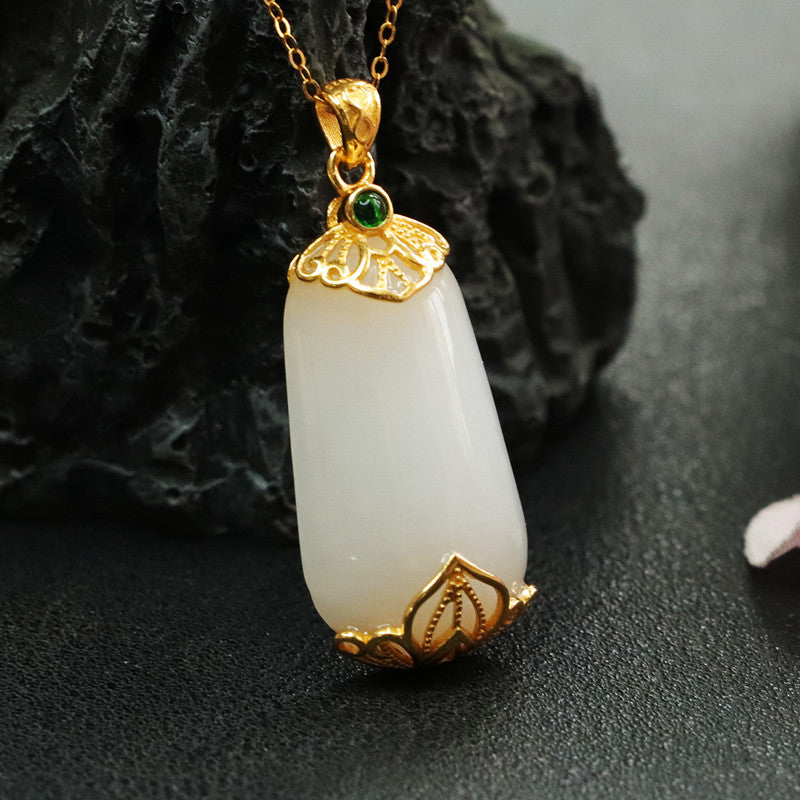 S925 Silver Natural Hotan Jade Pendant Trapezoidal White Jade Necklace