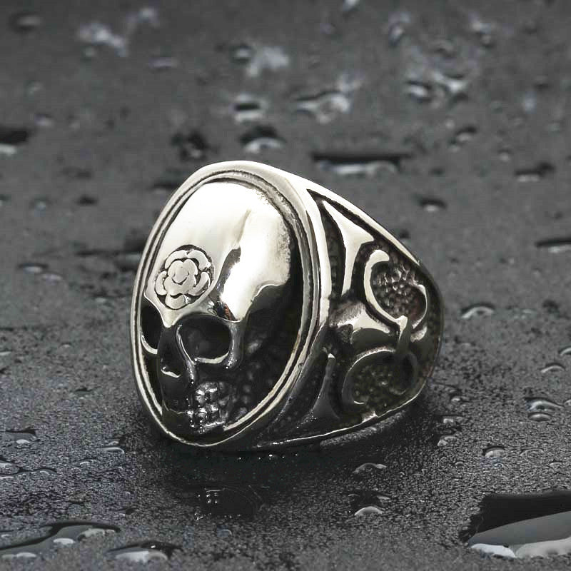 Titanium Steel Skull Flower Ring for Men - Retro Punk Style in Stainless Steel