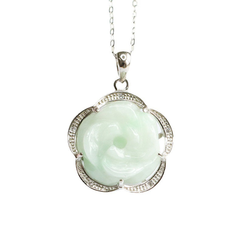 Elegant Sterling Silver Jade Flower Pendant Necklace