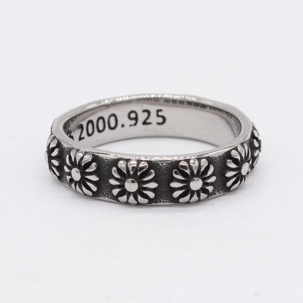 Row of Relief Flower Titanium Steel Ring for Men