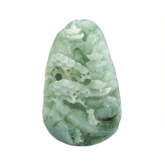 Green Landscape Jade Pendant Engraved with Full Nature Scenery