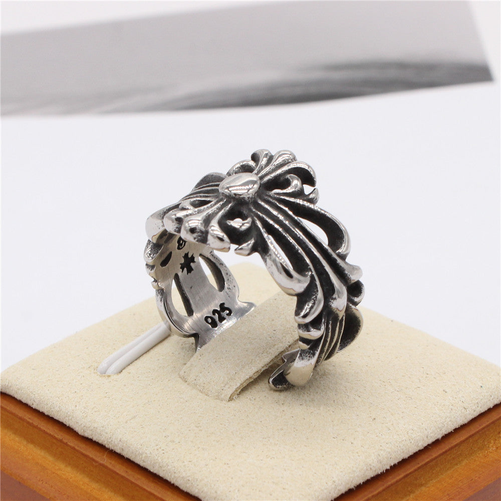 Hollow Cross Flower Opening Titanium Steel Ring for Men