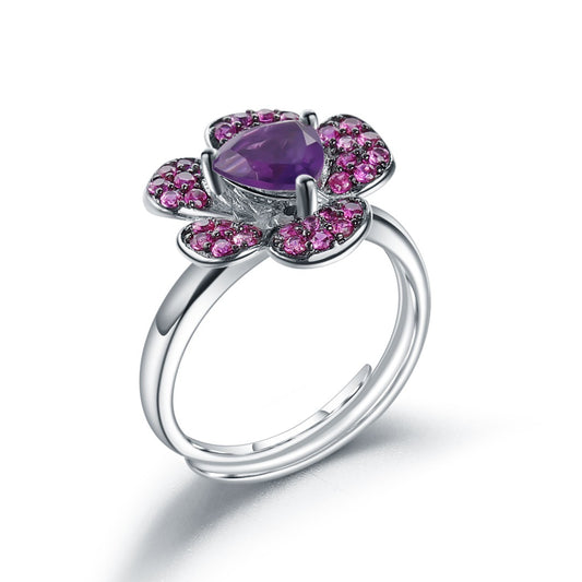 Flower Blossom Natural Gemstones Silver Ring