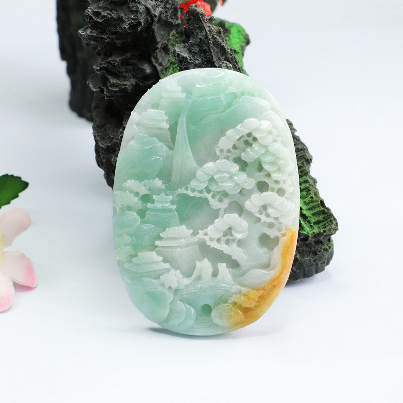 Green and Yellow Jade Pendant with Exquisite Craftsmanship, Beautiful Color, High-Quality Landscape Brand Jewelry