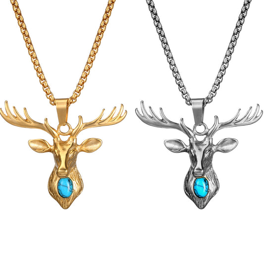 Turquoise Deer Head Pendant Necklace - Stylish Stainless Steel Accessory for Him and Her