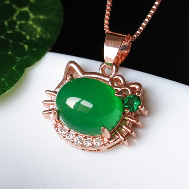 Green Chalcedony Zircon Rose Gold Cat Pendant with Ice Accents