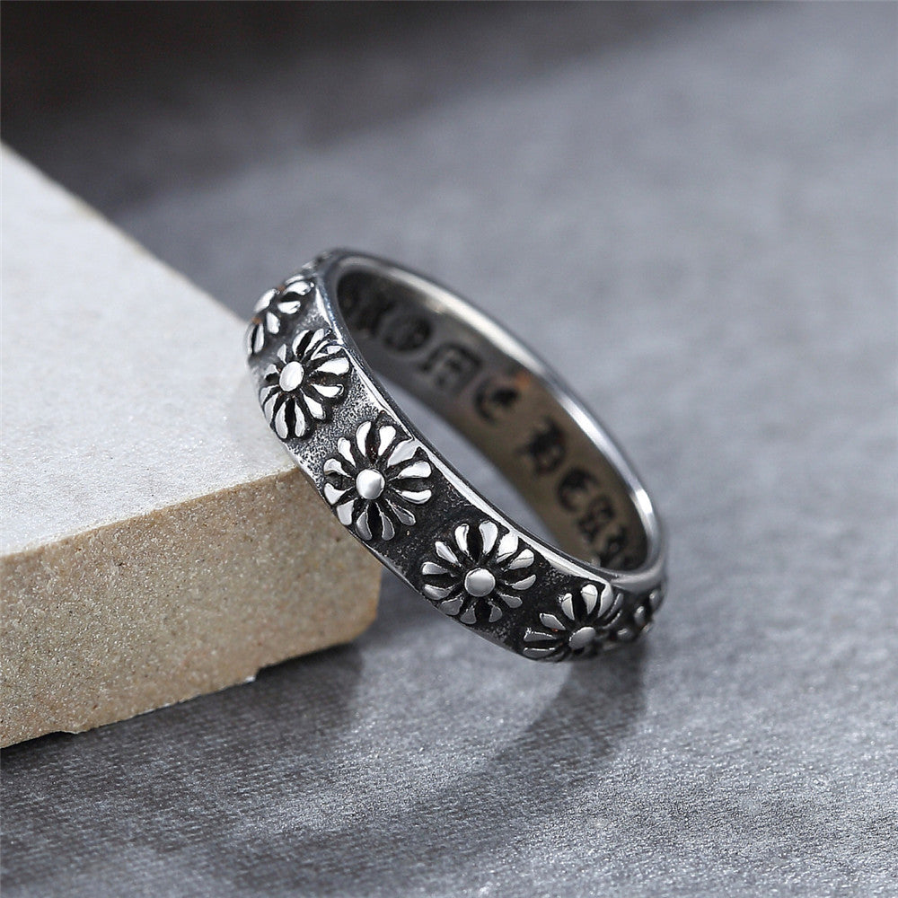 Carved Flower Patterns Character Symbol Titanium Steel Ring for Men