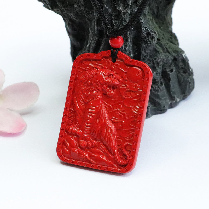 Cinnabar Tiger Square Sterling Silver Pendant with Vermilion Stone