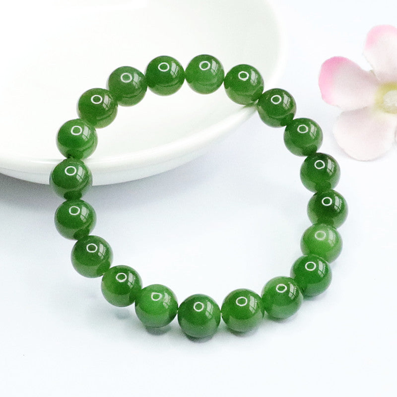 Natural Hetian Yu Hand String Jasper Russian Spinach Green Bracelet