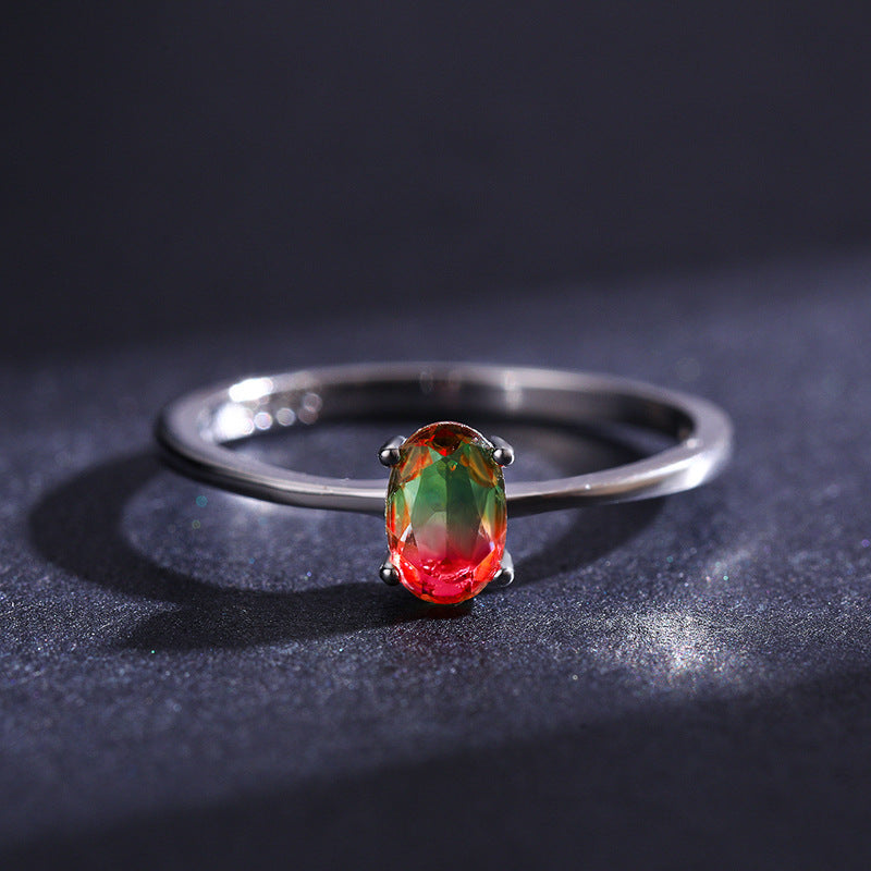 Sterling Silver Watermelon Tourmaline Gradient Ring for Women - European & American Style Jewelry