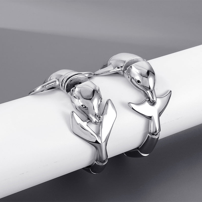 Stylish Hip-Hop Dolphin Bracelet for Men - Zircon Animal Design in Polished Titanium Steel