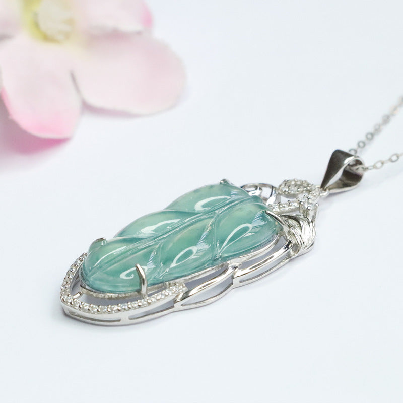 Ice Blue-Green Leaves Hollow Necklace with Jade Gemstone